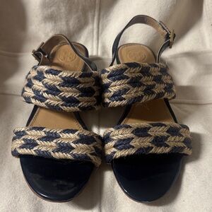 Tory Burch Navy and Natural Braided Rope Strap Sandals